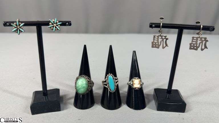 3 Sterling Rings and 2 Pairs of Sterling Earrings image