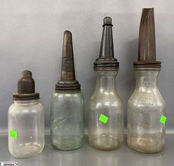 4pcs 2 Glass Motor Oil Bottles With Metal Spouts, Tallest 15" image