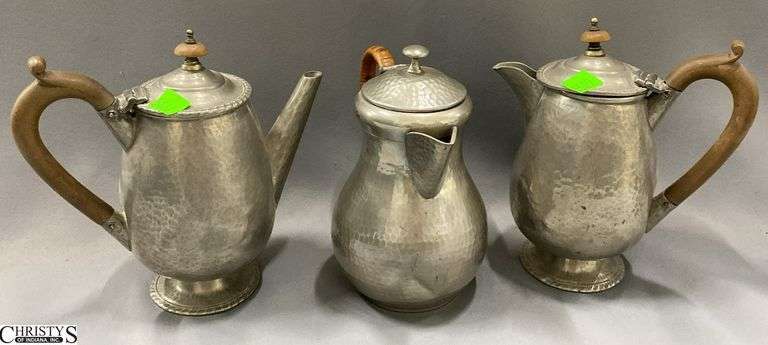 3 Hammered Finish Pewter Hinged Lid Pots, One is Dented, Tallest 7.5" image