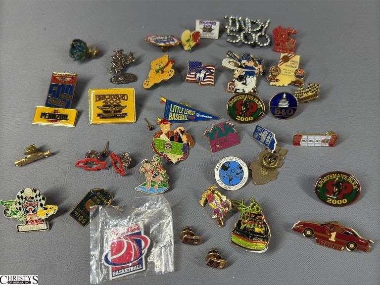 Miscellaneous Pins to Include Indy 500, Brickyard 400, 2 Vintage FMC Pins (Food Machine Co.), NCAA Basketball, Little League Baseball, Sportsman's Park 2000, Mello Yello Grand Prix, Indiana Amvets and Others image