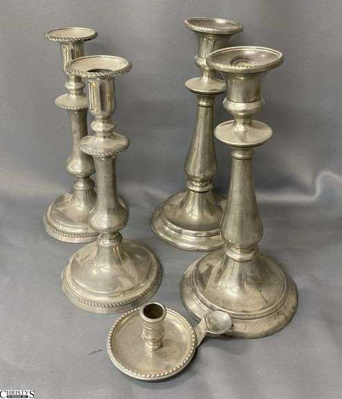 5pcs Pewter Candle Sticks, Some Slight Bending, Tallest 11" image