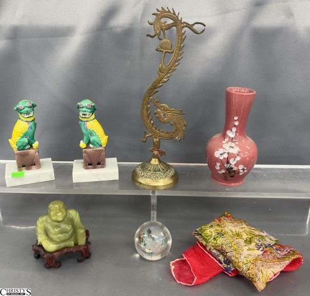 Asian Influence Decor - Dragon Brass Bell Holder, Foo Dogs, Vase, Buddha - 10.5" of tallest image