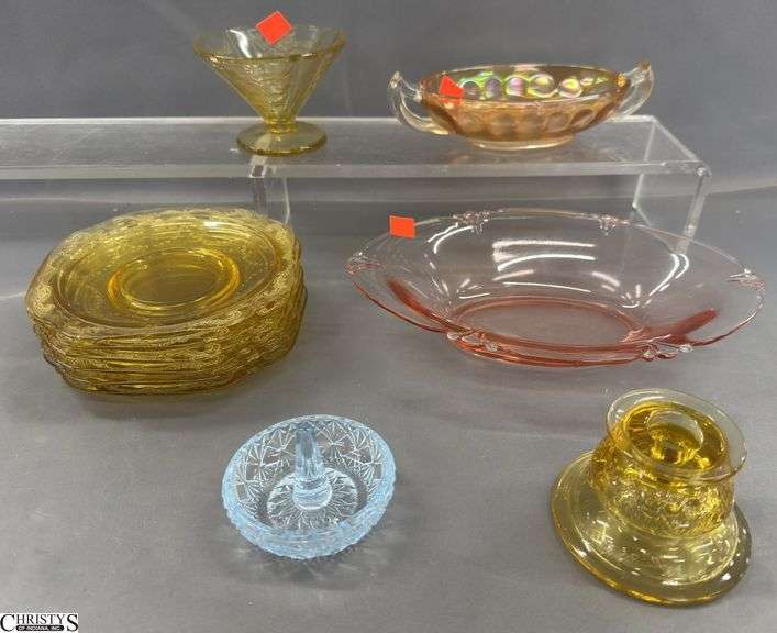 Colored Glass Dishes, Pink, Blue, Lusterware, Saucers, Candle Holder image