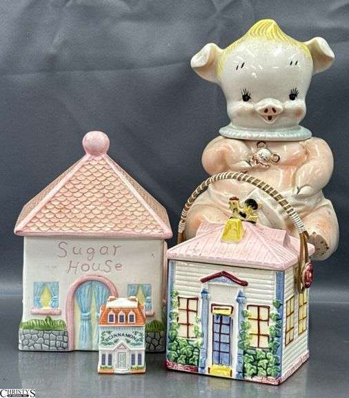 4 Lidded Cookie Cars, Cinnamon Jar, Piggy Tallest 11" image