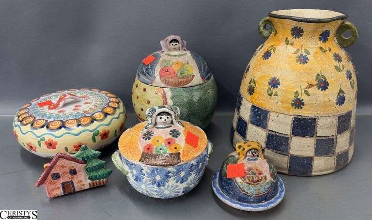 6pcs Hand Painted Italian Pottery - 8.5" of tallest, some chipping image
