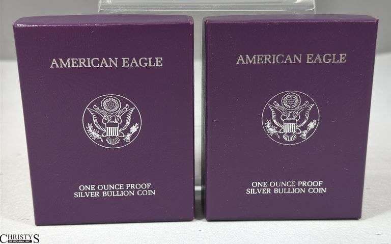Two 1987 American Eagle Once Ounce Proof Silver Bullion Coins in Velvet Display and Box with COA. image