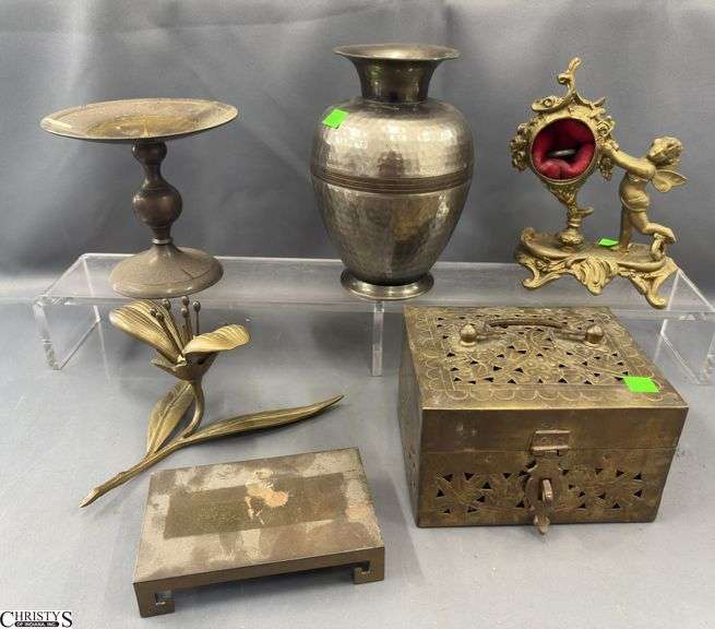 Brass Censer Box, Lily Ashtray (Missing Petals), Vase, Candle Stand, Clock Frame - 8.5" of tallest image