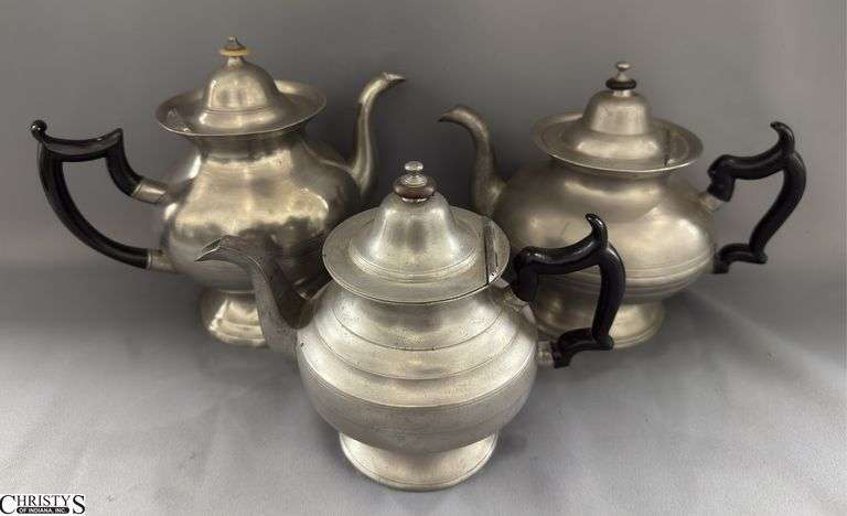 3 Pewter Roswell Gleason Coffee or Tea Pots Tallest 8.5" image