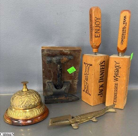 Jack Daniels Ice Pick With Holders, Brass Service Bell, Walnut Cracker, Small Anvil and Hammer image
