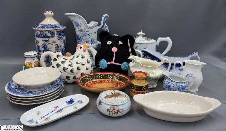 Teapots, Plates, Pitchers, Misc - Flow Blue, Wedgwood, Royal Warwick and others - 9" of tallest image
