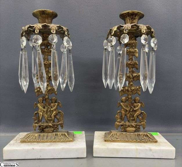 Pair Antique Gilt Brass Cherub Motif Girandoles - 10.5" of each image