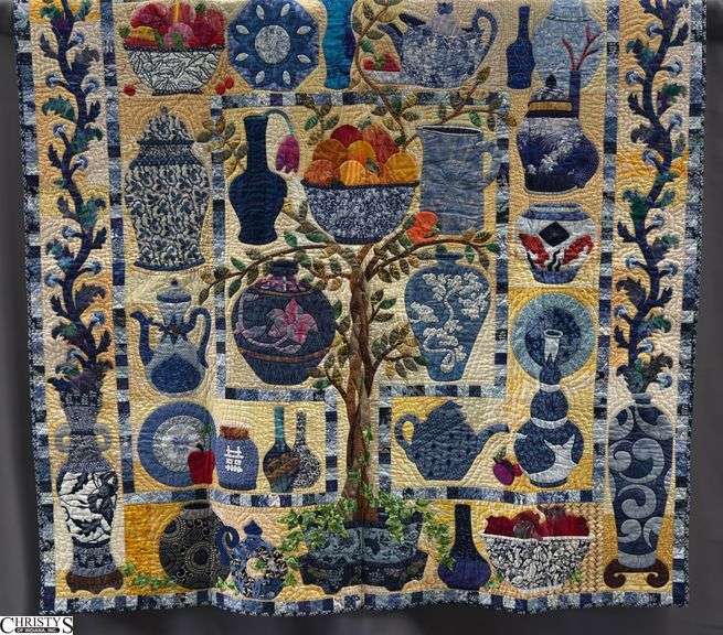 Blue & White Vessel Handmade Pictorial Quilt - 56" x 56" approx image