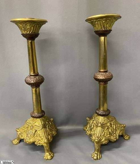 Pair of Ornate Brass Candlestick Holders with Angel Detail 18" image