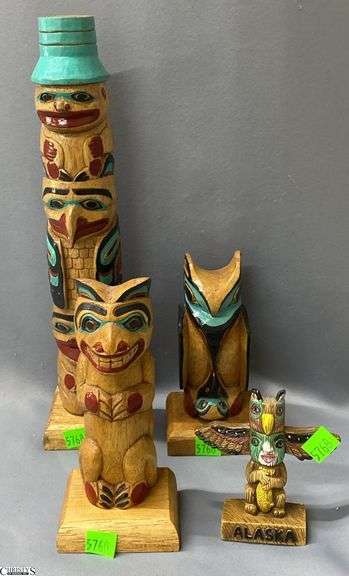 4pcs Tourist Totem Style Figures, One Marked Alaska. Tallest 13" image