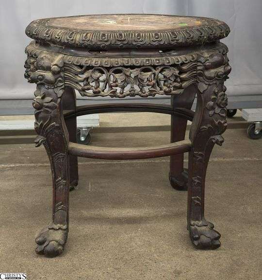 Carved Ornate Chinese Stone Top Side Table - 22" x 22" x 23" - some finish wear image