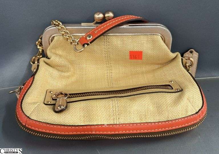 Coach Bonnie Kiss Lock Clutch Purse - 10" W - some wear/discoloration to interior lining, edge wear - This has not been authenticated image