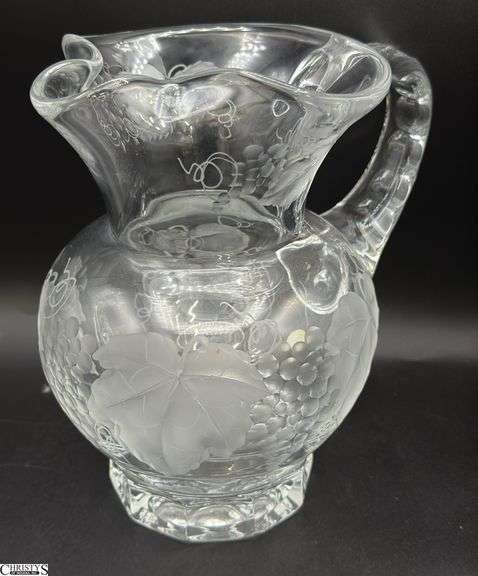 Marked Slovenia Etched Grapes and Vine Motif Pitcher8" image