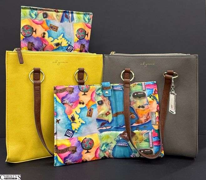 2 MB Greene Pebbled Leather Laptop Totes, Yellow and Grey, 12.5” x 14”  x 4.5" with 11” shoulder drop image