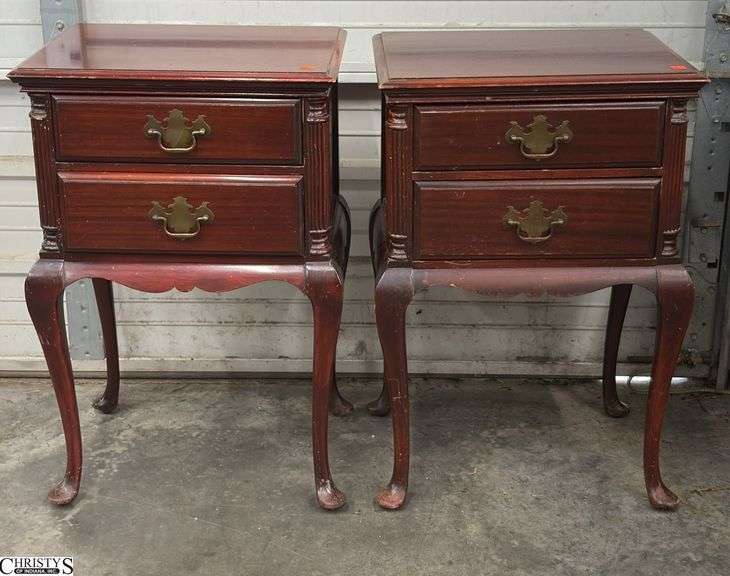 Pair 2 Drawer Queen Anne Style Nightstands  - 19" x 14" x 30 of each, finish wear, scuffing to both image