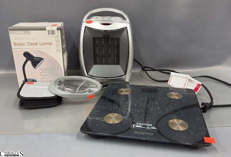Desk Lamp, Scale, Magnifying Glass, Travel Sewing Kit, Small Heater image