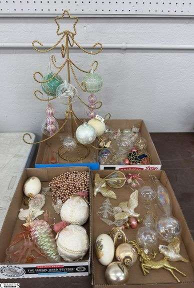 Gold Ornament Holiday Tree 22", Glass Ornaments, Dusty Rose Colors, Hummingbirds, Iridescent Drops, Pine Cones, Beaded Garland image