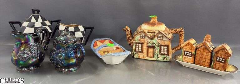 Marked Japan Cottage Tea Pot and Salt and Pepper Set, Black and White Cream and Sugar, Dish, Lusterware Style Cream and Sugar image