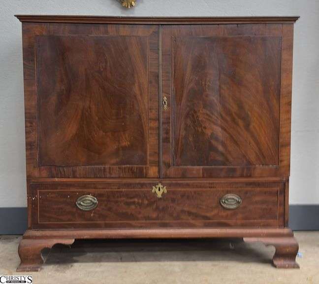 Early Mahogany Folio Cabinet/Blanket Chest - 45.5" x 22" x 41" - wear consistent with age, some warping to door panels, splits to top surface image