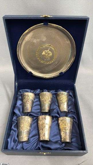 Plated Ceremonial Cups and Plate With Crest See Photo, In Keep Sake Box image