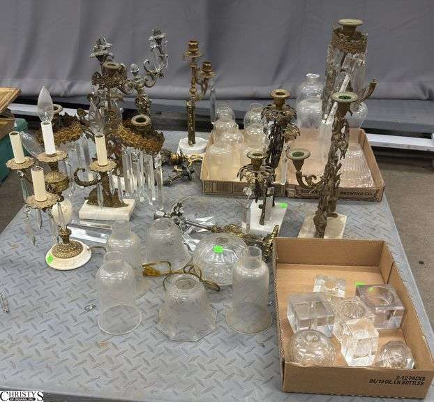 Skid of Girandoles, Glass Hurricane Shades, Lamp, Candelabra - May Have Damage Throughout - SKID NOT INCLUDED image
