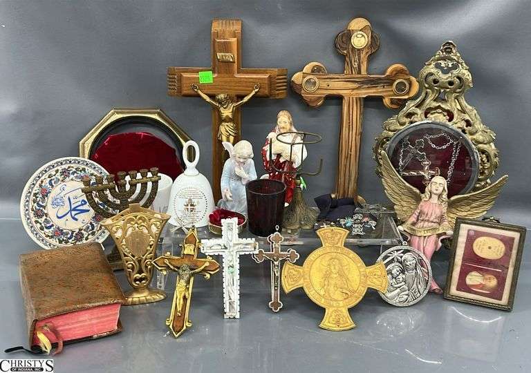 Religious Relic Style Crosses, Display Case,  Menorah, Figurines - 12" of tallest image