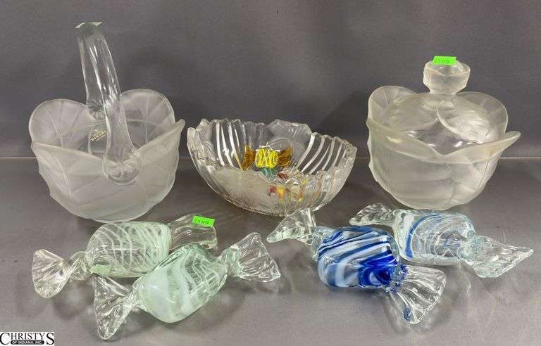 Art Glass Candies, Viking Clear and Frosted Lidded Jar and Basket, Bowl image