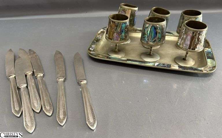 Silverplate Knives, Mexico Silver Tray and 6 Stems with Mother of Pearl Inserts and Some Missing. Tray Measures 8.5x5.5 image