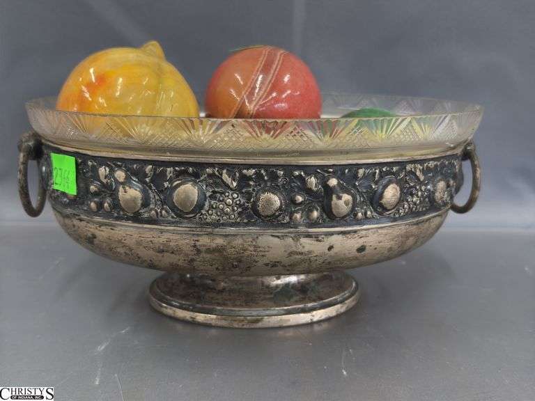 Carved Stone Fruit in Silverplate Glass Lined Bowl - 9" image