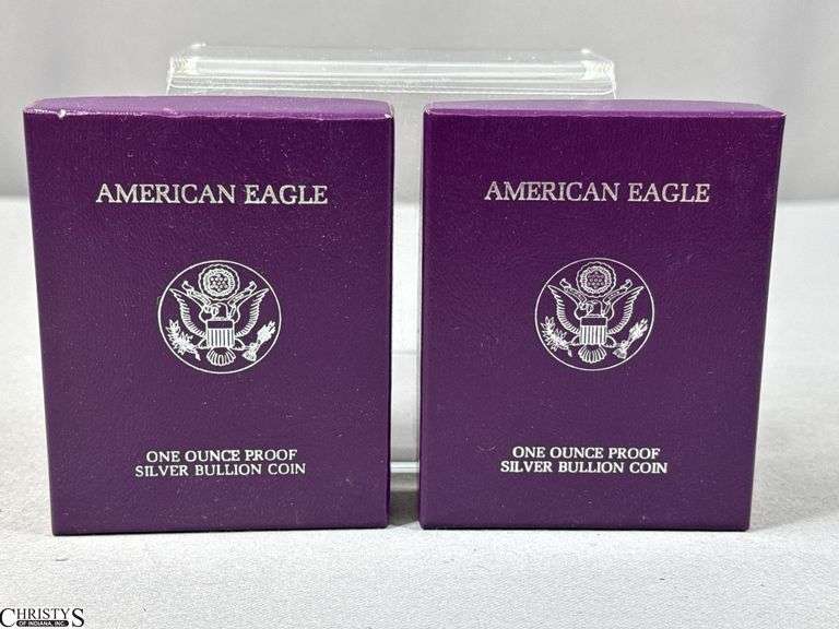 Two 1987 American Eagle Once Ounce Proof Silver Bullion Coins in Velvet Display and Box with COA. image