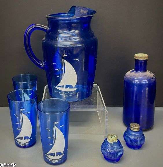 Cobalt Glass Pitcher, Glasses, Bottle, Shakers - 7pcs - 9" of pitcher image