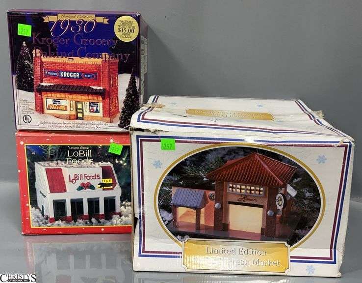 3 Lighted Village Buildings, 1930's Kroger, Arthur's Fresh Market, LoBill Foods image