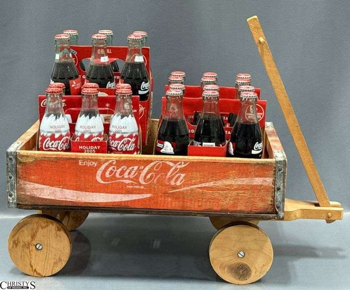Coca Cola Wooden Crate Wagon and Coca Cola Glass Bottles - 18" x 12" x 9" image