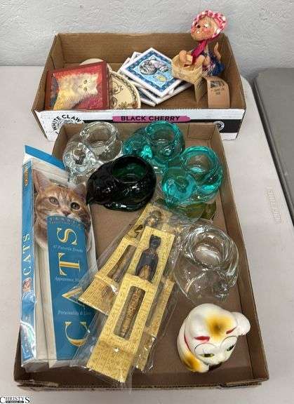 Cat Collectibles, Glass Votives Sleeping Kittys, Pens, Flip Book, Coasters, Anna Lee Country Girl Mouse image