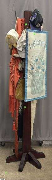 Hall Tree, Scarves, Hats, Flag, Vintage Ladies Booties, Fringe and Beaded Dresses *Need Repair and Cleaning* image