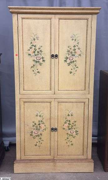 Painted Floral Motif 4 Door Cabinet 37x18x72" See Photos, Has Rough Finish on Lower image