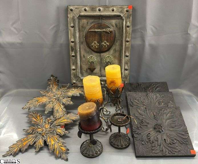 5pcs of Wall Decor, Metal 16" Diameter and Plaque Composite, Rustic Metal Wall Decor Panel 14x18", Pillar Candle Holders image