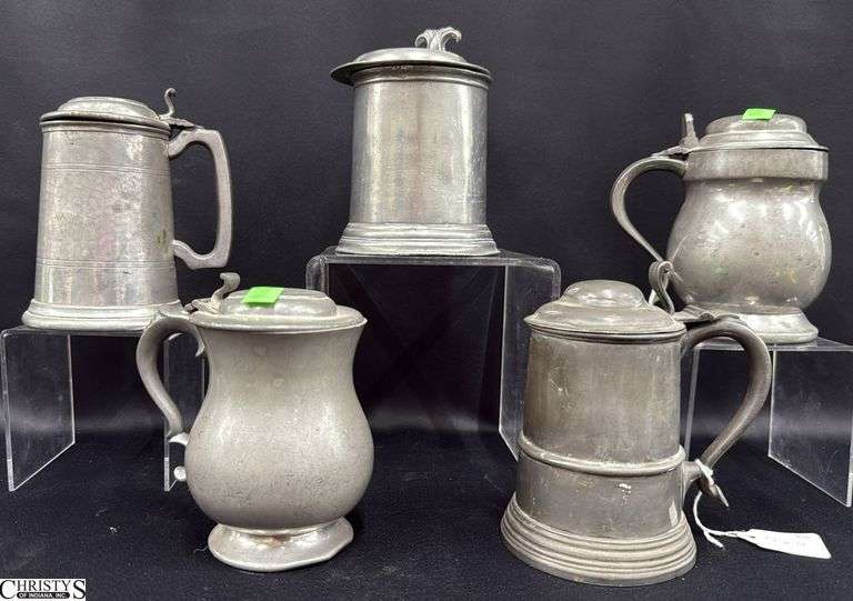 5pcs Pewter Lidded Pink Size Tankards All Stamped English Pewter image