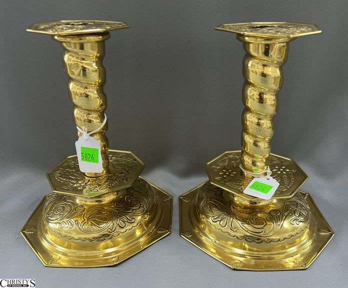 Pair of Brass Barley Twist Candle Holders 7" Wide 8.5" Tall image
