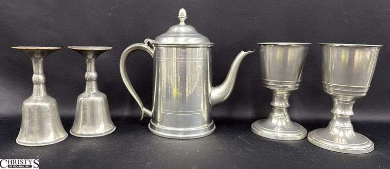 5pcs Polished Pewter Woodbury Pitcher 8.5" and 2 Goblets, 2 Holders image