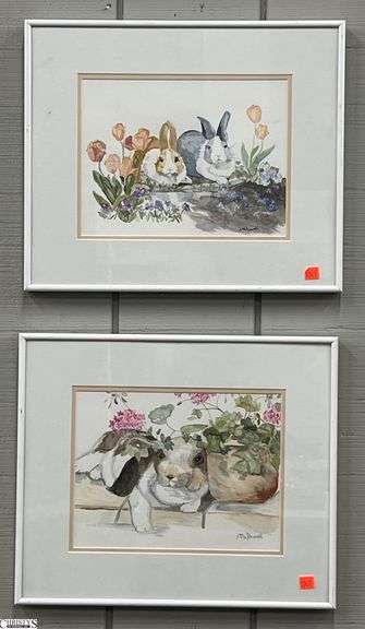 2 Signed J. McDowell Rabbit Watercolors - 17.5" x 14.5" of each image