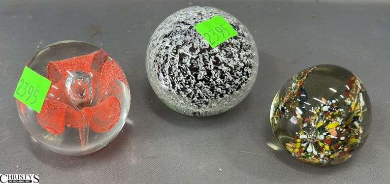 3 Small Art Glass Paperweights - 2.5" of largest image