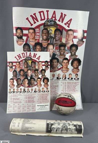Miniature IU Basketball Autographed and 2016-2017 IU Posters. Autographs include George McGinnin, Steve Alford, Jim Crews, Damon Bailey and Others.  The large poster has a ripe.  See Photo image