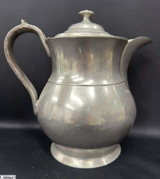Hinged Lid Pewter Pitcher, Marked Boardman 10.5" Tall image