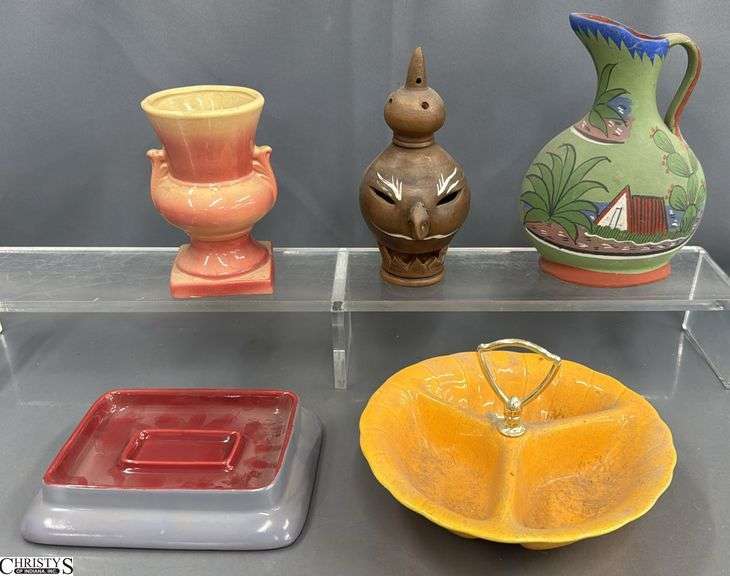Pottery Vase, Censer, Pitcher, Dishes - 8" of tallest image