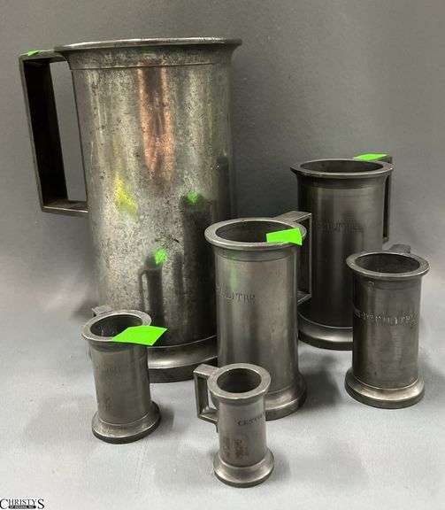 6pcs Pewter Measuring, Litro, Double Decilitre, Decilitre, Demi decilitre, double and centilitre image